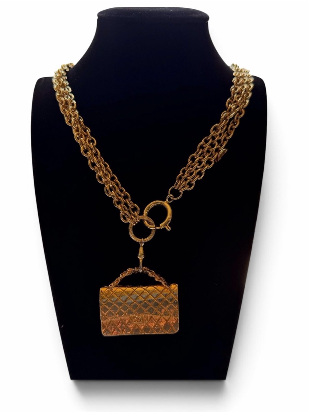 Rare Vintage CHANEL Triple Strand Classic Flap Bag Pendant Necklace